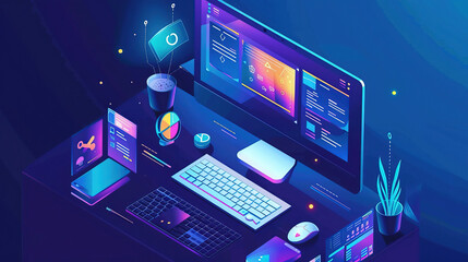Set of computer with monitor, keyboard, mouse, and mouse pad on table, neon and blue color background