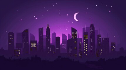 Fototapeta premium Nighttime City Skyline with Crescent Moon and Stars