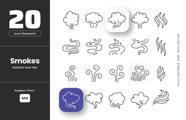 Set of Steam, smoke, smell, icon outline icon set, clouds of different shapes, Cigarettes and nicotine, bad habits. Bad smell and clouds of smoke. Toxic steam, nose with bad air, sense of smell.