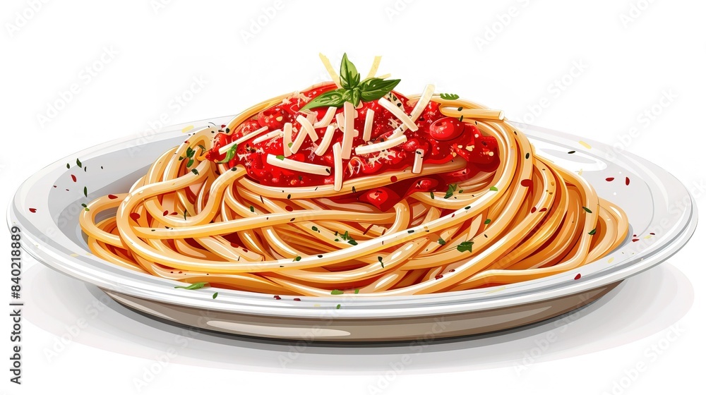 Poster A delicious plate of spaghetti topped with tomato sauce and sprinkled with parmesan cheese - Posters