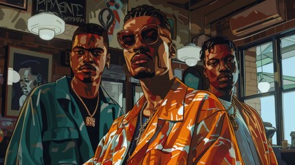 Obraz premium A digital illustration of three fashionable men with an urban style in a cafe
