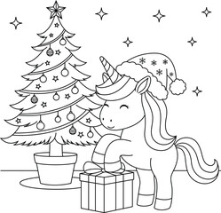 Cute kawaii unicorn with gift box and christmas tree cartoon character coloring page for kids. Animal outline doodle colouring page isolated on white background.