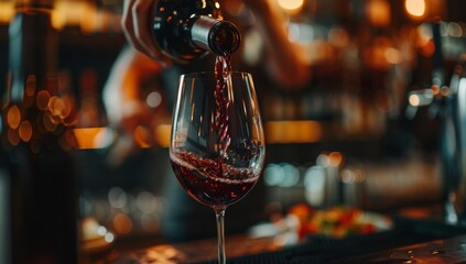 Close up of red wine being poured into a glass at a bar