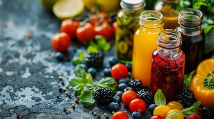 Freshly Made Fruit Juices With Berries, Basil, and Tomatoes on Dark Countertop