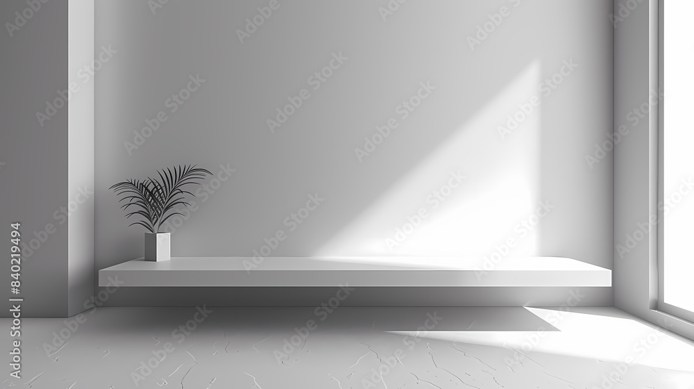 Wall mural Minimalistic white room with a floating shelf and a small potted plant under natural light streaming through a large window.