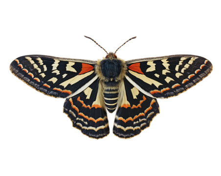 A beautifully patterned moth with spread wings, isolated on white, displaying its vibrant colors and symmetry