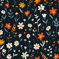 It is a repeating pattern of various flowers and foliage in orange, white, yellow, and blue on a dark blue background.


