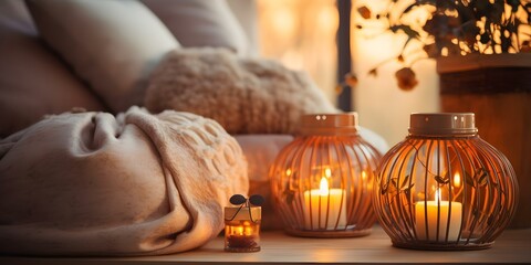 Cozy home with burning candles creative decor and warm afternoon ambiance. Concept Cozy Home Decor, Burning Candles, Creative Decoration, Warm Afternoon Ambiance