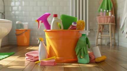 The cleaning supplies bucket