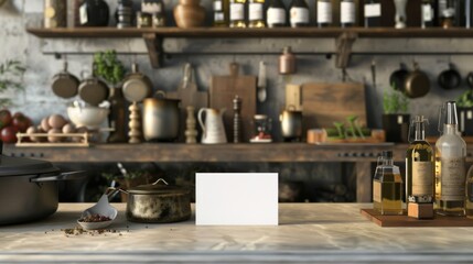 Exquisite Culinary Delights Blank Business Cards Amidst HighEnd Cooking Utensils Spices and Oils in Gourmet Kitchen Store