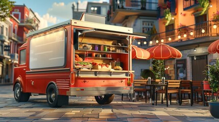 Savor the Flavors Gourmet Food Truck on Vibrant City Street Menu Business Cards and Crowds