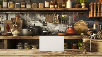 Naklejka premium Exquisite Culinary Delights Blank Business Cards Amidst HighEnd Cooking Utensils Spices and Oils in Gourmet Kitchen Store