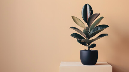 Indoor Potted Ficus Plant on Beige Background with Copy Space, Minimalist Home Decor, Modern Interior Design, Green Living, Houseplant Collection, Urban Jungle Trend, Air Purifying Plants