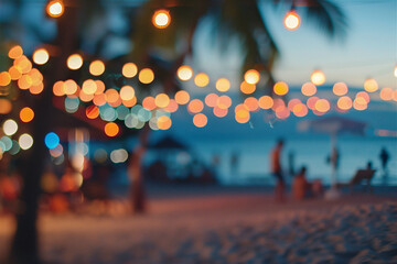 Blur and bokeh of beach bar restaurant in the evening. Abstract defocused background