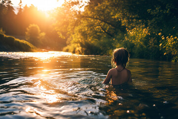 Fototapeta premium Young child relaxing while swimming in river at sunset