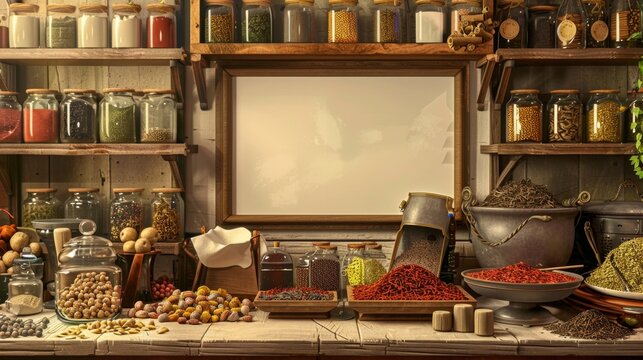 Sensory Delights Aromatic Spice Merchant's Haven with Exotic Flavors and Business Card Mockups