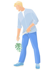 Male  character man with garden shears and a monstera leaf takes care of indoor plants