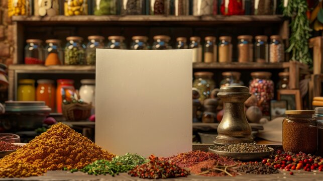 Sensory Delights Aromatic Spice Merchant's Haven with Exotic Flavors and Business Card Mockups