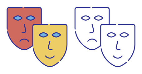 Thin line stroked color icon. Comedy and tragic theatrical masks together. Theatrical premieres, circus poster. Simple vector isolated on white background