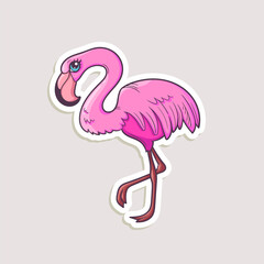 Cartoon sticker for summer design. Vector hand-drawn illustration of cute pink flamingo isolated on white.
