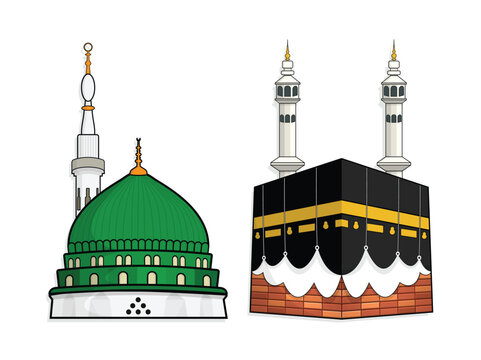 Mecca and madina the prophet's mosque, hajj and umrah, vector illustration