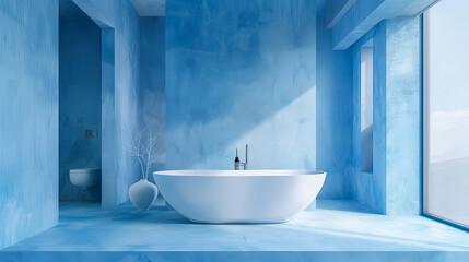 Modern Minimalist Blue Bathroom Interior Design with White Bathtub, Simple Decor, and Large Window with Natural Light for a Spa-Like Experience