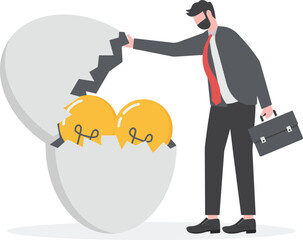 innovative investment idea, profitable investment solutions, businessman opens an egg investment containing many light bulb ideas
