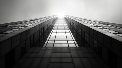 Minimalist Black and White Urban Architecture Photograph of Modern Skyscraper with Geometric Shapes and High Contrast Light and Shadow