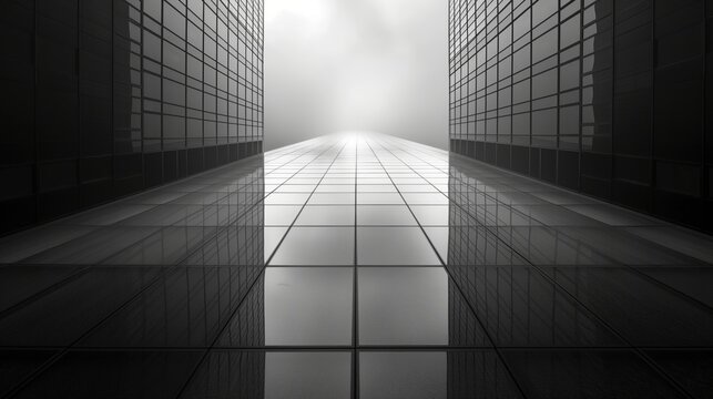 Minimalist Black and White Photograph of Modern Skyscraper with Geometric Lines and High Contrast Light and Shadow