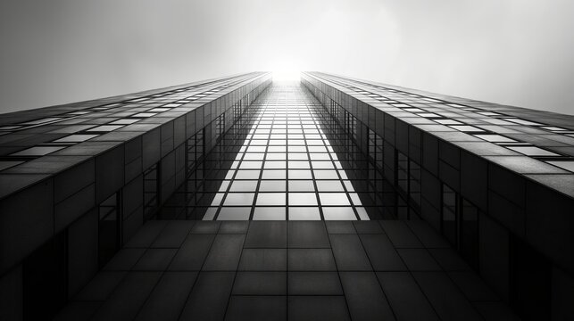 Minimalist Black and White Urban Architecture Photograph of Modern Skyscraper with Geometric Shapes and High Contrast Light and Shadow