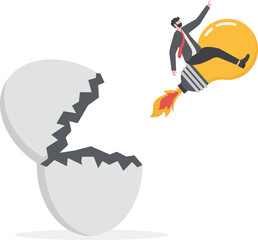 business idea to business launch, businessman flying on a lightbulb idea from an opening golden egg concept vector illustration
