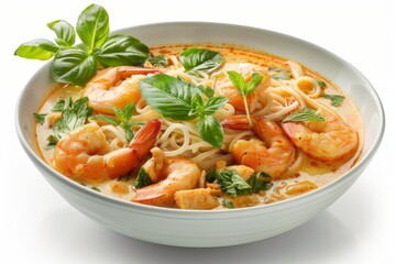 Fototapeta premium Spicy Thai shrimp curry with fresh basil and lime