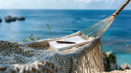 Obraz premium Seaside Serenity Relaxing in a Handwoven Hammock with Journal and Pen for Creative Inspiration
