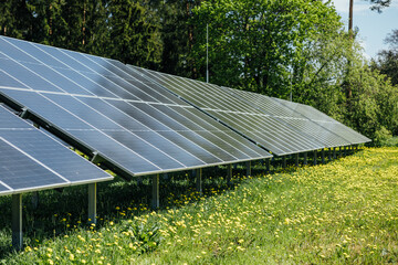 array of solar panels in green grass field in sunny day
