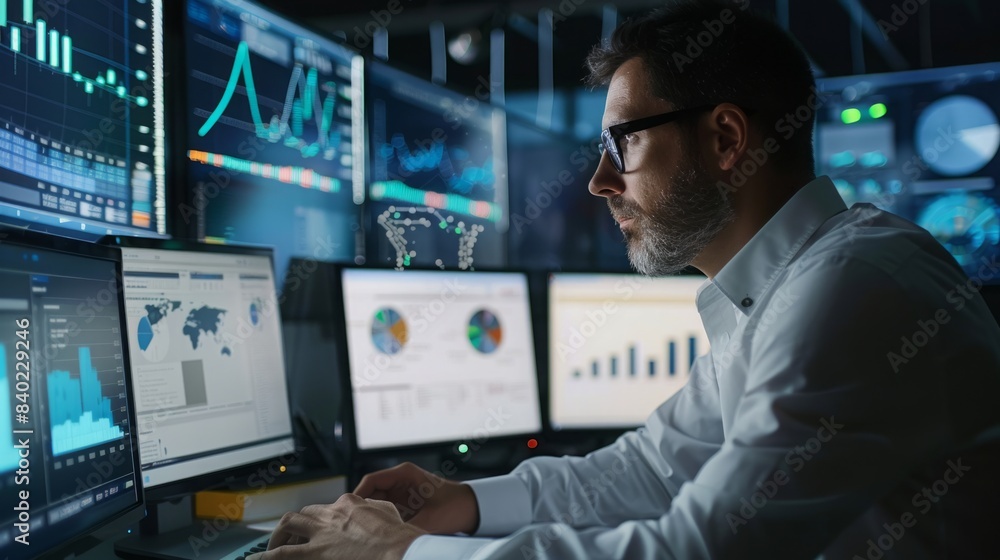Poster a man wearing glasses sits in front of multiple computer screens, focused on analyzing data charts a