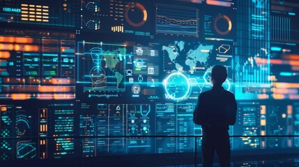 A person stands in front of a digital wall, observing data presented as graphs, charts, and maps.