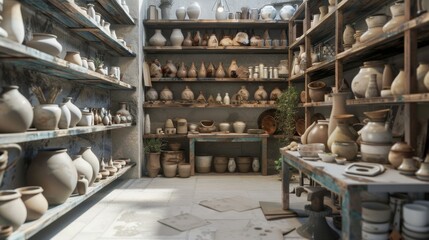 Naklejka premium Artisan Pottery and Ceramics Handcrafted Elegance with Blank Business Cards for Personalization in a Creative Studio Setting