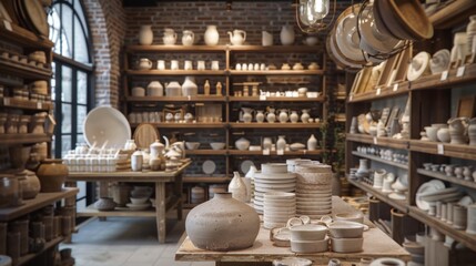 Naklejka premium Artisan Pottery and Ceramics Handcrafted Elegance with Blank Business Cards for Personalization in a Creative Studio Setting