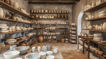 Naklejka premium Artisan Pottery and Ceramics Handcrafted Elegance with Blank Business Cards for Personalization in a Creative Studio Setting