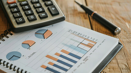 Obraz premium Pen, calculator, and financial newspaper on table. Business bar chart, business background.