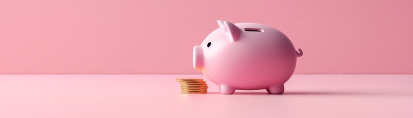 Pink piggy bank and coins on a light pink background