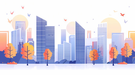 Colorful cityscape illustration featuring modern skyscrapers and autumn trees with birds flying in the background, reflecting urban and nature harmony.