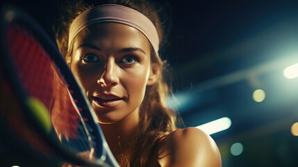 Fototapeta premium A woman holding a tennis racket on a tennis court, suitable for sports-themed images and advertisements