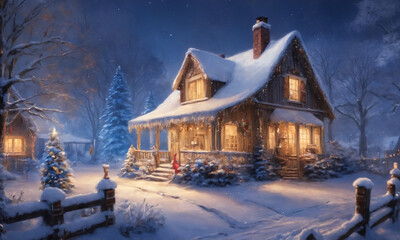 Fototapeta premium Snowy evening at a cozy cabin with christmas lights