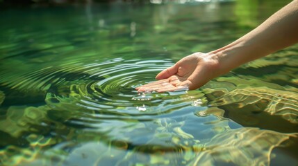 Fototapeta premium Connecting with nature, Hand touching pristine river water. Symbol of environmental conservation.