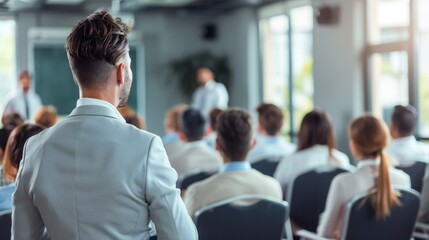 Fototapeta premium A businessman sits attentively in a conference room, listening to a presentation given by a speaker in the front of the room.