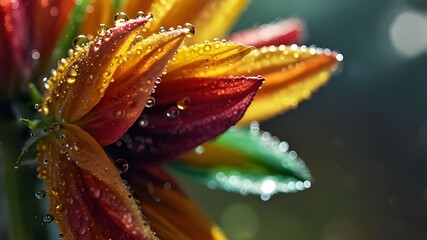 A vibrant, multi-colored FLOWERS with sparkling water droplets glistening in the sunlight, rendered in stunning high resolution., rendered in stunning high resolution.