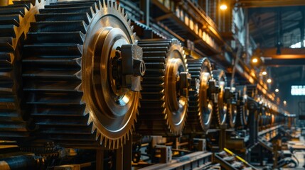 Series of large gear wheels in a row, showcasing the scale of industrial machinery and mechanical engineering.