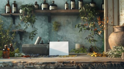 Tranquil Herbalist Workspace Blank Business Cards Dried Herbs Mortars Pestles Tincture Bottles Natural Apothecary Scene for Holistic Healing and Wellness Practices