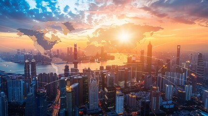 An aerial view of Shanghais skyline at sunset, with an overlay of the world map, highlighting the citys global significance.